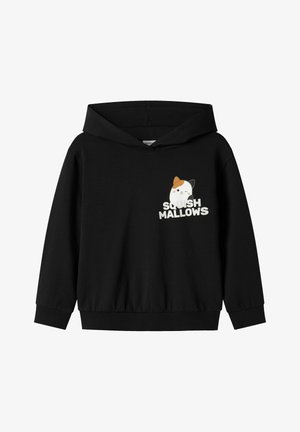 Černá mikina s kapucí má na přední straně grafiku kočky s hnědým akcentem. Je vyrobena z měkké látky s pružnými manžetami a lemem pro bezpečné uchycení.