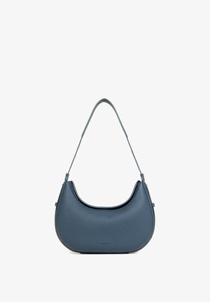 Sac à bandoulière en cuir bleu foncé avec une forme incurvée et une seule anse, affichant une texture fine du grain et un marquage subtil.