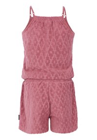 Combinaison sans manches en éponge rose texturée avec bretelles spaghetti réglables et taille élastique, adaptée à une tenue décontractée.