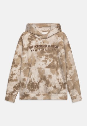 Sweat à capuche tie-dye beige et marron avec poche avant et inscription "Abercrombie & Fitch New York City" sur la poitrine.