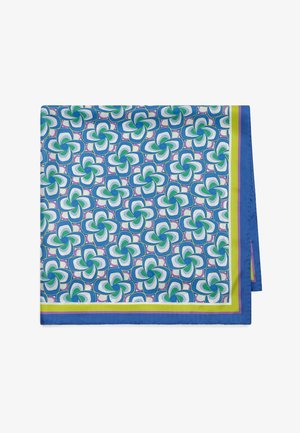 Foulard en soie avec motif floral tourbillonnant bleu, vert et blanc, encadré de rayures bleues, jaunes et violettes le long des bords.
