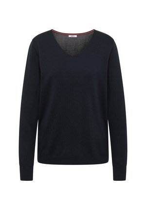 Pull col V marine en maille douce, avec manches longues et un discret accent rouge au niveau de l'encolure, coupe décontractée.