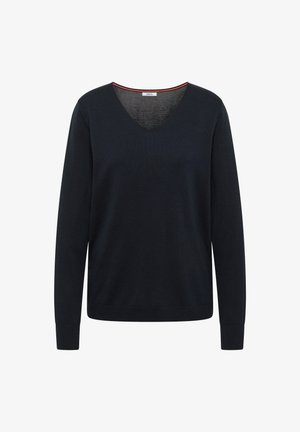 Granatowy sweter z dekoltem w serek, wykonany z miękkiego materiału dzianinowego, z długimi rękawami i subtelnym czerwonym akcentem przy dekolcie, o luźnym kroju.