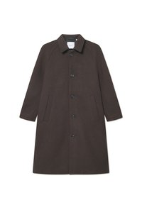Brown wool coat with a straight cut, notched collar, two side pockets, and black buttons down the front for fastening.