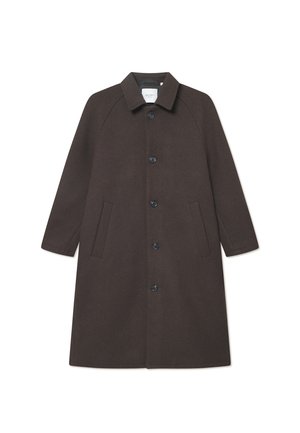 Brown wool coat with a straight cut, notched collar, two side pockets, and black buttons down the front for fastening.