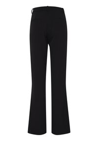 Black flared trousers with a smooth texture, featuring two back pockets and a waistband with belt loops.