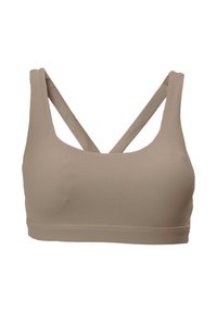 Beige trenings-BH med en glatt tekstur, brede stropper og kryss-design bak. Har en sømløs, elastisk kant nederst.