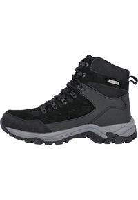 Stivale da trekking impermeabile nero, realizzato con una combinazione di pelle scamosciata e materiali sintetici, con un design a caviglia alta, pannello in rete testurizzata e suola robusta.