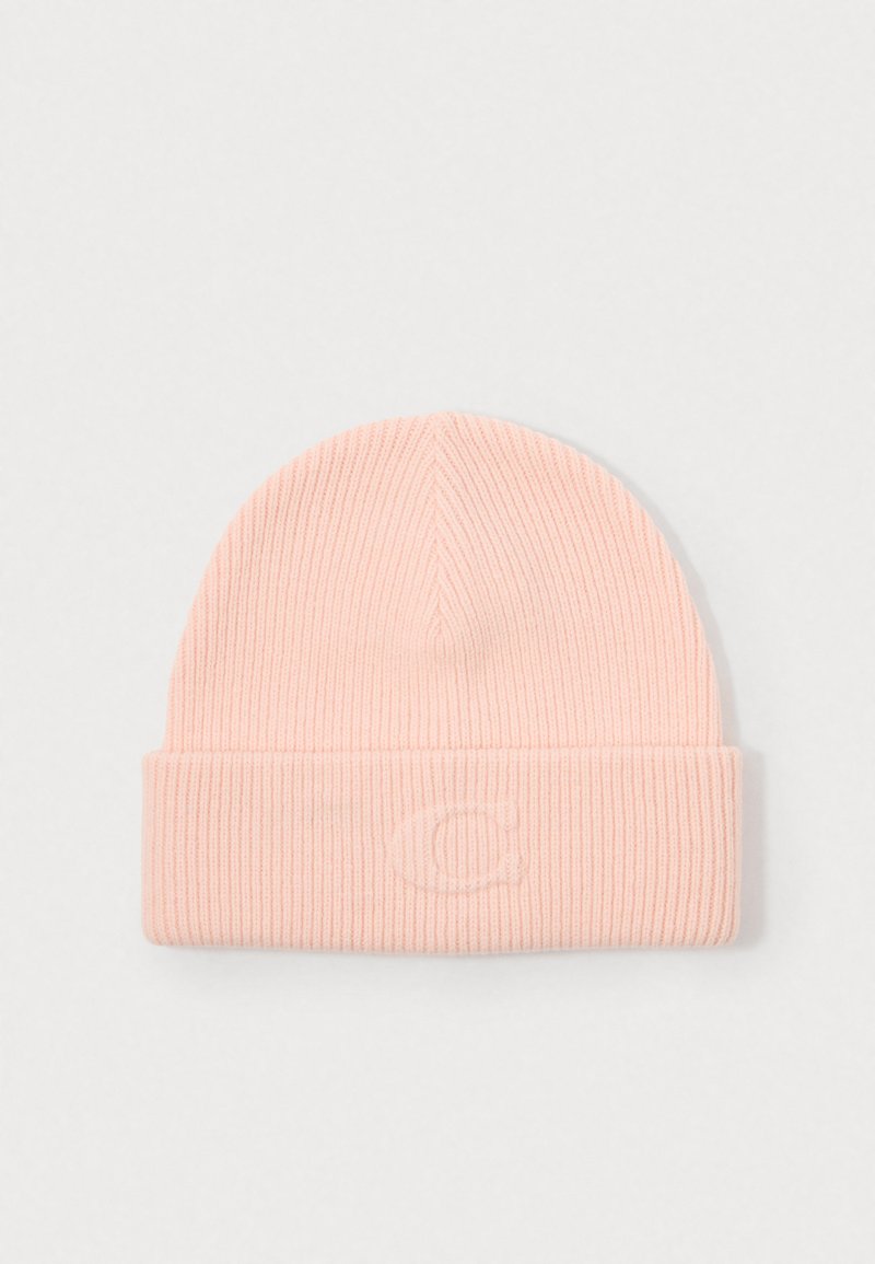 Pink ribbed knit beanie with a folded cuff and subtle embossed logo. Soft texture, fitted design, suitable for casual wear.