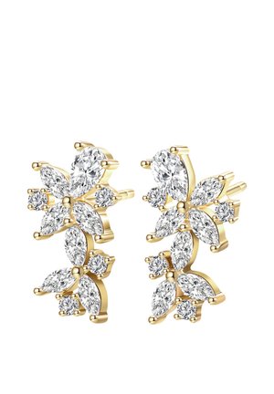 Pendientes de oro con múltiples cristales claros de talla marquesa y redonda, dispuestos en un diseño floral en racimo.