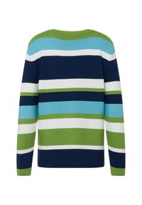 Gestrickter Pullover mit horizontalen Streifen in Marineblau, Grün, Weiß und Blau. Rundhalsausschnitt und lange Ärmel mit Rippenstruktur.