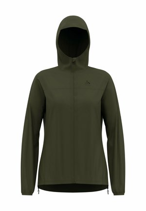 Dark green hooded jacket with front zipper and elastic cuffs, designed for outdoor wear.