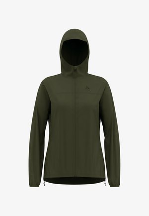 Dark green hooded jacket with front zipper and elastic cuffs, designed for outdoor wear.