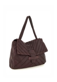 Borsa a mano in pelle marrone scuro con motivo a diamante testurizzato, pattina oversize e dettaglio con fibbia, dotata di doppio manico per spalla.