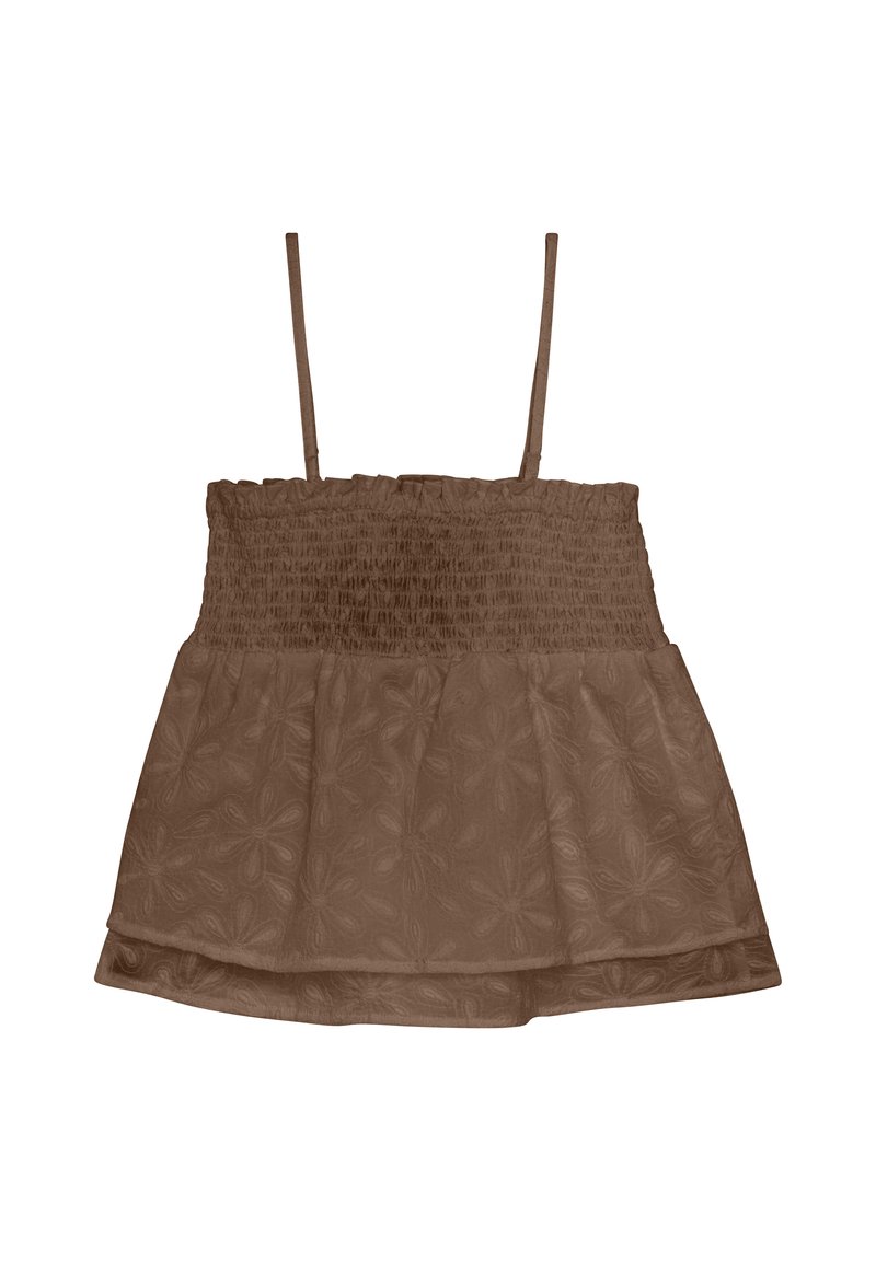 Brązowa, bezrękawnikowa bluzka z marszczonym wstąpieniem i zwiewną, warstwową spódnicą. Posiada kwiatowy wzór i cienkie ramiączka.