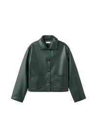 Giacca in ecopelle verde con colletto, chiusura a bottoni e due tasche frontali. Presenta un design squadrato e una texture liscia.