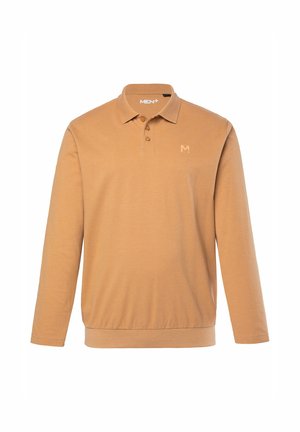 Pitkähihaista polo paitaa vaaleassa tan-värisessä puuvillassa. Siinä on kaulus, kolme nappia ja huomaamaton M-logo vasemmassa rinnassa. Sileä pinta.