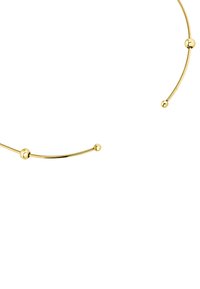 Guldmetall halskæde med en buet design og tre sfæriske accenter, glat overflade og minimalistisk æstetik.