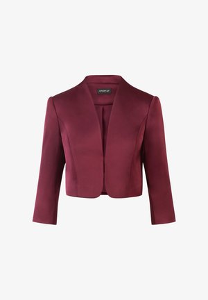 Burgunderfarbene, taillierte Jacke mit glatter Textur, offenem Vorderteil und Dreiviertelärmeln. Sie verfügt über einen klassischen Reverskragen.