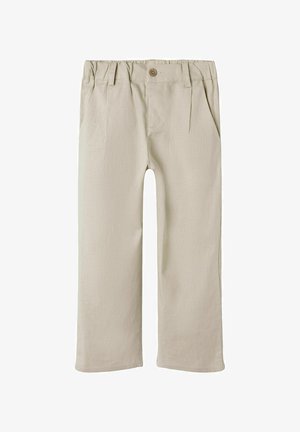 Pantaloni di cotone beige con vestibilità dritta, caratterizzati da chiusura con bottone, pieghe decorative e tasche laterali. Tessuto dalla finitura texturizzata.