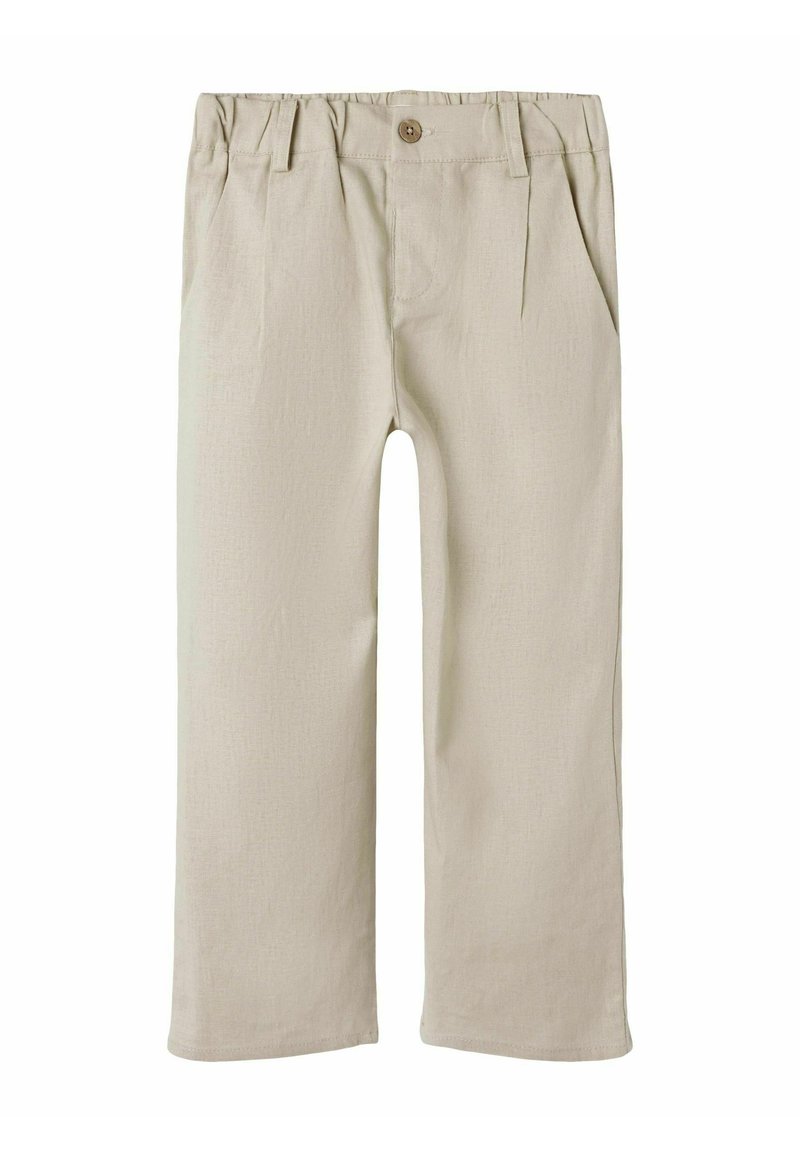 Béžové bavlněné kalhoty s rovnými nohavicemi, s knoflíkovým zapínáním, dekorativními sklady a bočními kapsami. Tkanina s texturovaným povrchem.