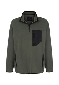 Olivgrüner Fleece-Pullover mit einem Viertel-Reißverschluss-Kragen, schwarzem Brusttasche und Seitentaschen; verfügt über eine weiche Textur und einen verstellbaren Saum.