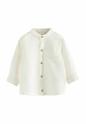 Camicia bianca in lino con colletto alla coreana, maniche lunghe, bottoni in legno e una tasca sul petto. Tessuto morbido e design casual.