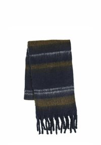 Écharpe en laine avec une base bleu marine foncé et des rayures horizontales en vert olive et gris. Fini avec des bords frangés pour plus de texture.