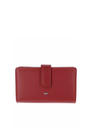 Red leather wallet with stitched edges, a central strap closure, and a small metallic logo on the front center.
