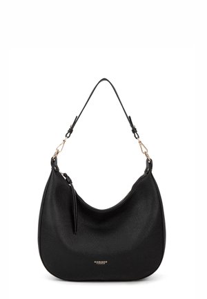 Zwarte leren hobo tas met een gestructureerd oppervlak, gebogen vorm, verstelbare schouderriem en gouden accenten. Voorzien van een ritsafsluiting.
