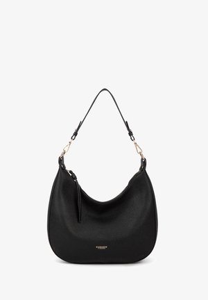 Zwarte leren hobo tas met een gestructureerde textuur, verstelbare schouderriem met gouden sluitingen, en klein gouden "DIANA&CO FIRENZE" logo aan de voorkant.