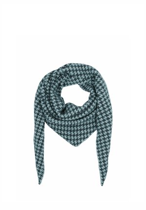 Triangular scarf with black and gray houndstooth pattern, wrapped in a loose loop with pointed ends hanging down.