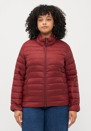 Giubbotto puffer borgogna con colletto alto e design a quadrati orizzontali. Presenta una zip frontale completa e polsini elasticizzati per mantenere il calore.