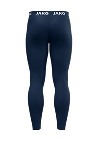 Marineblauwe sportleggings met een aangesloten ontwerp en een brede tailleband waarop de merknaam "JAKO" in witte letters staat. Gladde textuur.