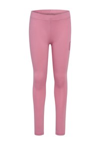 Lyserøde leggings lavet af strækbart materiale, der har en høj talje og en glat tekstur. Inkluderer et subtilt logo-detalje på siden.