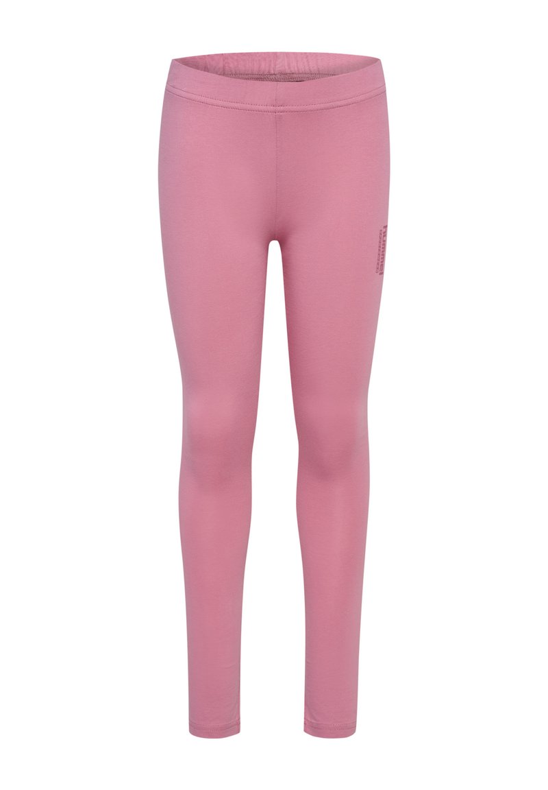 Lyserøde leggings lavet af strækbart materiale, der har en høj talje og en glat tekstur. Inkluderer et subtilt logo-detalje på siden.