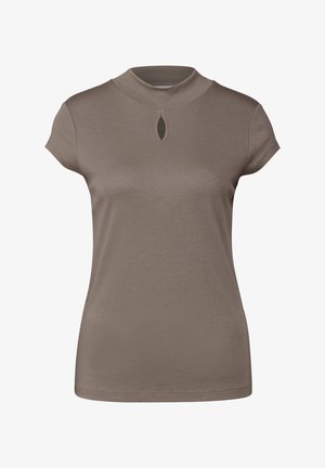 Harmaa lyhythihainen T-paita, jossa on korkea, pyöreä kaulus ja avokolo-yksityiskohta edessä. Pehmeä kangas, jolla on sileä pintatekstuur.