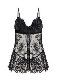 Zwarte kanten hemd met bloemenpatroon, verstelbare bandjes, v-hals en uitlopende zoom. Opvallende doorschijnende textuur en ingewikkelde details overal.