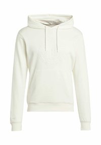 Cremefarbener Hoodie aus weichem Material, mit einer vorderen Kängurutasche, einer Kapuze mit Zugband und einem geprägten Logo auf der Brust.