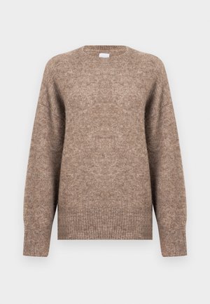 Brauner gestrickter Pullover mit langen Ärmeln, Rundhalsausschnitt, geripptem Saum und weicher Textur. Keine Muster oder sichtbaren Verzierungen.