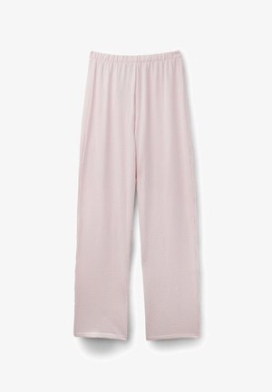 Pantalones de pierna ancha color rosa claro con sutiles rayas verticales, cinturilla elástica y ajuste relajado, mostrados sobre un fondo blanco.