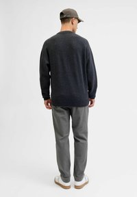 Dunkelgrauer Strickpullover mit Rundhalsausschnitt, gerippten Bündchen und Saum. Kombiniert mit grauen Stoffhosen und weißen Sneakers, von hinten getragen.