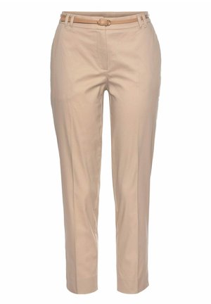Beige tailored trousers with a straight leg design, featuring a matching belt and belt loops. Smooth fabric with a crisp finish.