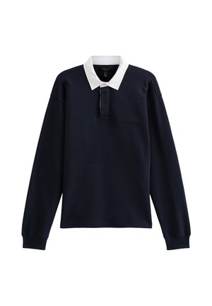 Suéter azul marino de mangas largas, con cuello blanco. Presenta una tapeta de medio botón y detalles de costura horizontal en el pecho. Textura de tela suave.