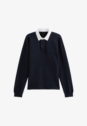 Navy pullover with long sleeves, white collar. Features a half-button placket and horizontal seam details across the chest. Soft fabric texture.