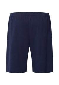 Námořnické modré bavlněné šortky s elastickým pasem, design po kolena a jednoduchá, hladká textura. Žádné viditelné vzory nebo akcenty.