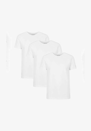 Trzy proste białe bawełniane koszulki. Design z okrągłym dekoltem, krótkie rękawy i standardowy krój. Brak widocznych wzorów lub grafik.