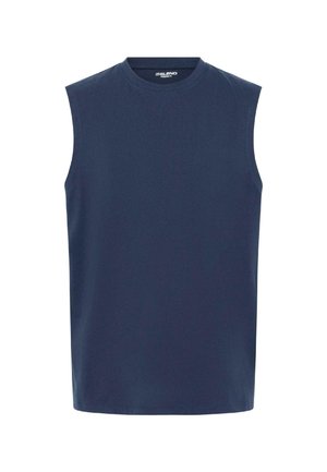 Granatowy bezrękawnik z okrągłym dekoltem, wykonany z miękkiej bawełny, charakteryzujący się gładką fakturą, bez wzorów i ozdób.