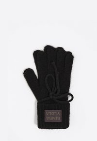 Czarne wełniane rękawiczki z pięcioma palcami, prążkowanym mankietem i prostokątną naszywką z logo przyszytą na nadgarstku. Gładka faktura, dzianinowy wzór.