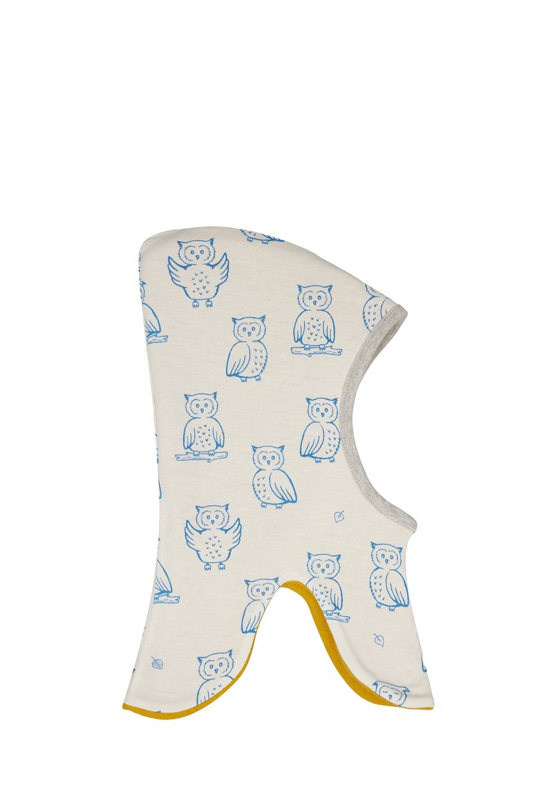 Kinderhooded nekwarmer in crème stof, met blauwe uilillustraties, grijze rand en gele accent aan de onderrand.